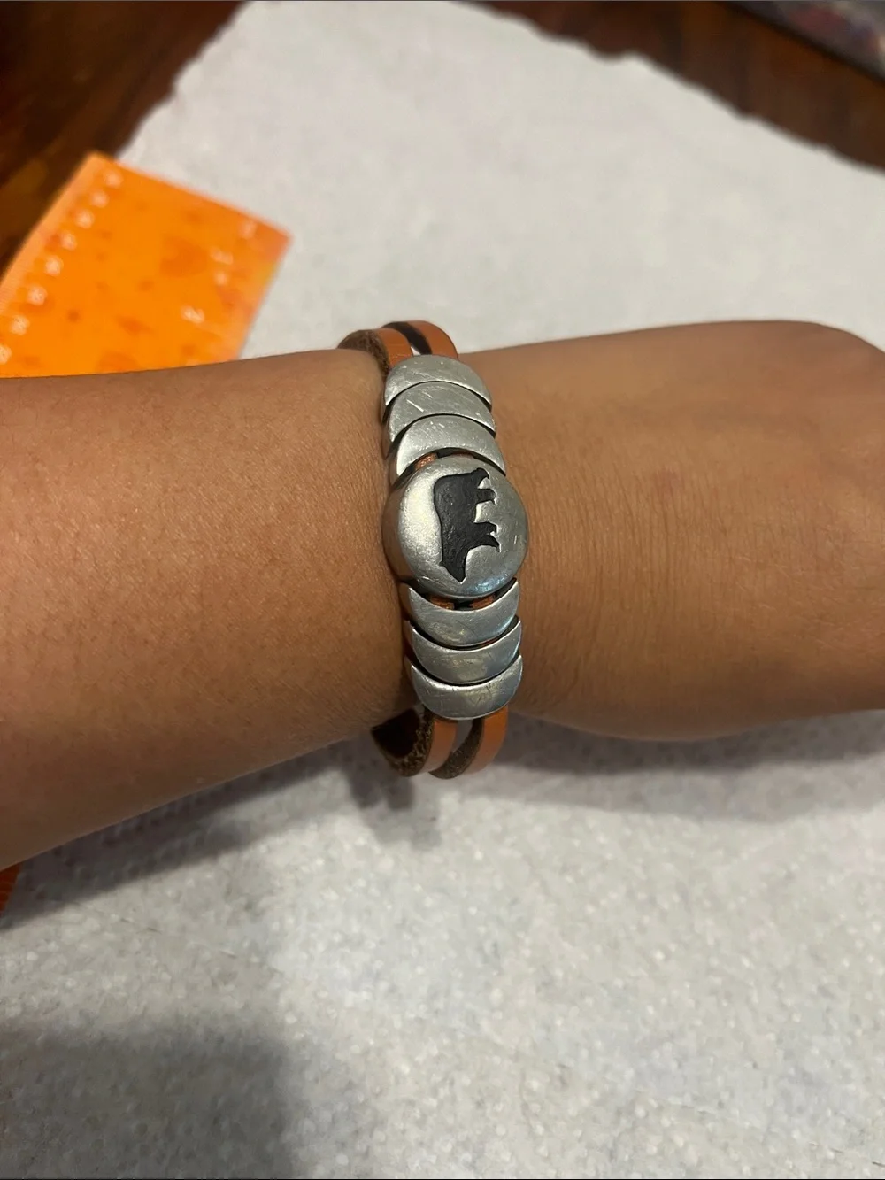 Men's Brown Leather Bracelet with Bear Accent and Silver Discs